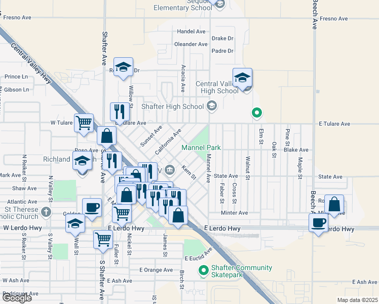 map of restaurants, bars, coffee shops, grocery stores, and more near 515 Calloway Street in Shafter