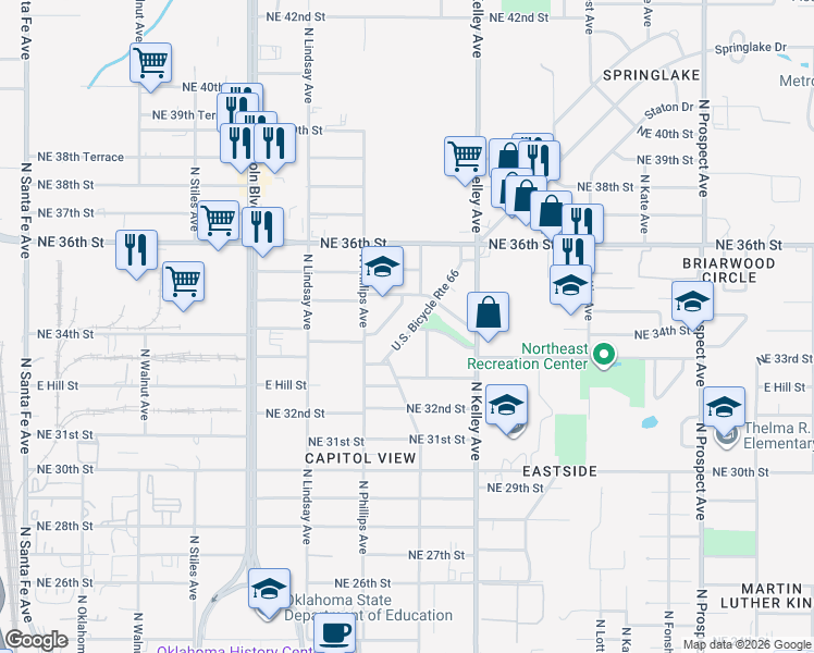map of restaurants, bars, coffee shops, grocery stores, and more near 3501 Springlake Drive in Oklahoma City