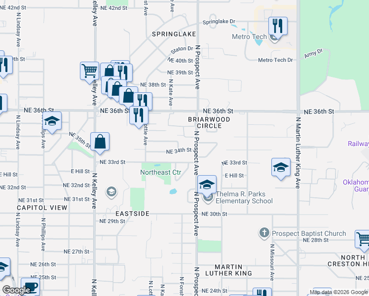 map of restaurants, bars, coffee shops, grocery stores, and more near 1433 Northeast 34th Street in Oklahoma City