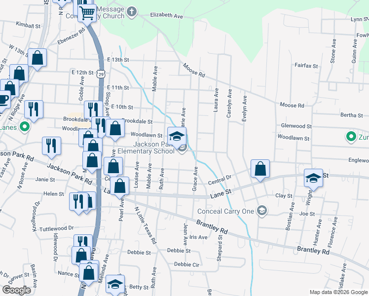 map of restaurants, bars, coffee shops, grocery stores, and more near 801 Grace Avenue in Kannapolis