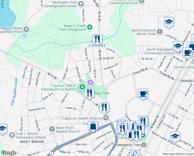 map of restaurants, bars, coffee shops, grocery stores, and more near 806 Cannon Baller Way in Kannapolis