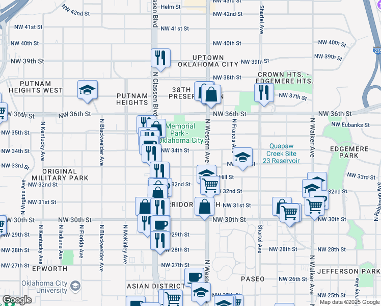 map of restaurants, bars, coffee shops, grocery stores, and more near 1132 Northwest 34th Street in Oklahoma City