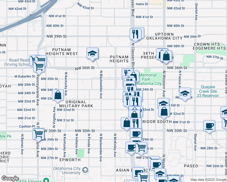 map of restaurants, bars, coffee shops, grocery stores, and more near 1510 Northwest 34th Street in Oklahoma City