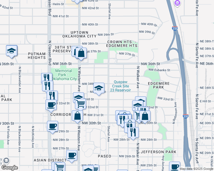 map of restaurants, bars, coffee shops, grocery stores, and more near 800 Northwest 34th Street in Oklahoma City