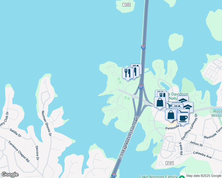 map of restaurants, bars, coffee shops, grocery stores, and more near 617 Portside Drive in Davidson