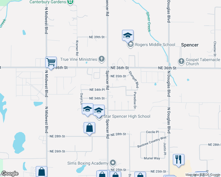 map of restaurants, bars, coffee shops, grocery stores, and more near 8421 Northeast 34th Place in Spencer