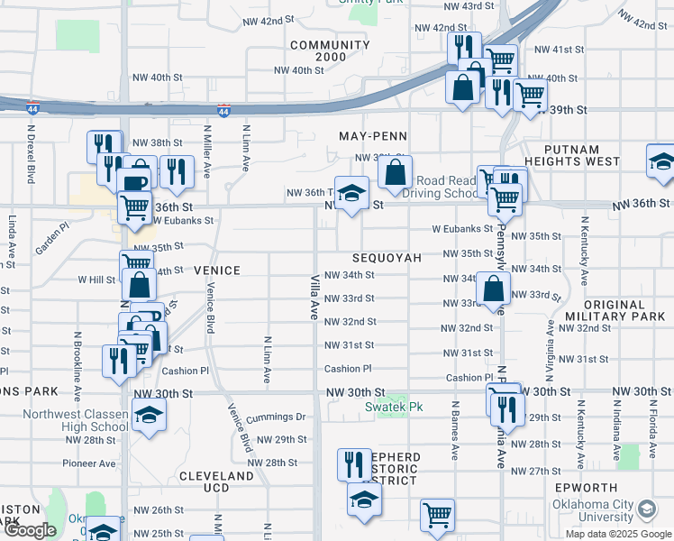 map of restaurants, bars, coffee shops, grocery stores, and more near 2429 Northwest 34th Street in Oklahoma City