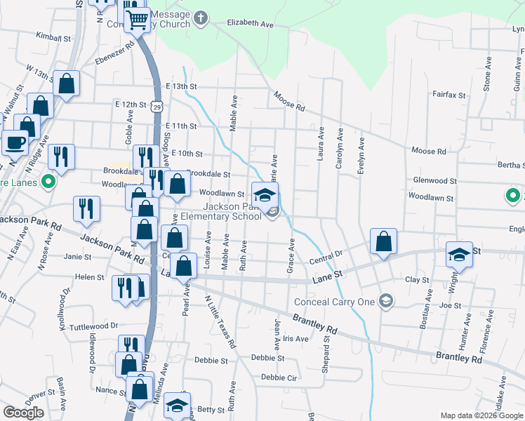 map of restaurants, bars, coffee shops, grocery stores, and more near 1307 Jackson Street in Kannapolis