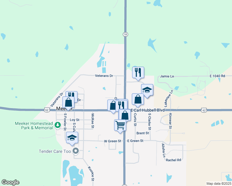 map of restaurants, bars, coffee shops, grocery stores, and more near 219 Oak Street in Meeker