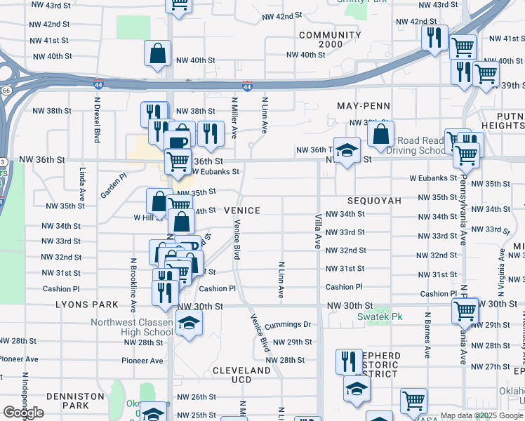 map of restaurants, bars, coffee shops, grocery stores, and more near 2625 Northwest 34th Street in Oklahoma City