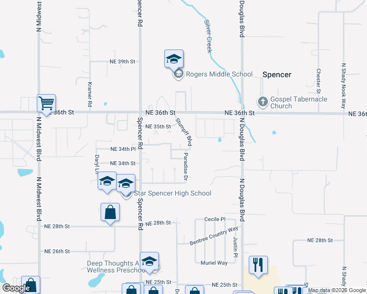 map of restaurants, bars, coffee shops, grocery stores, and more near 3444 Cobblestone Court in Spencer