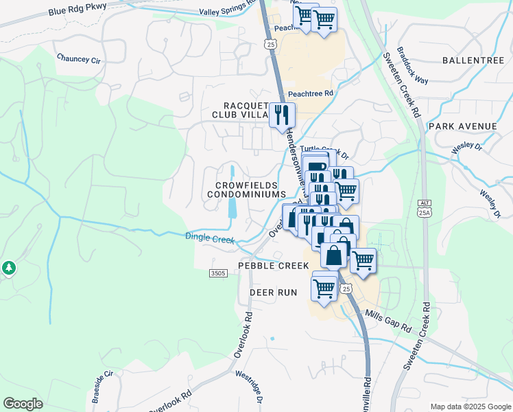 map of restaurants, bars, coffee shops, grocery stores, and more near 1745 Hendersonville Road in Asheville