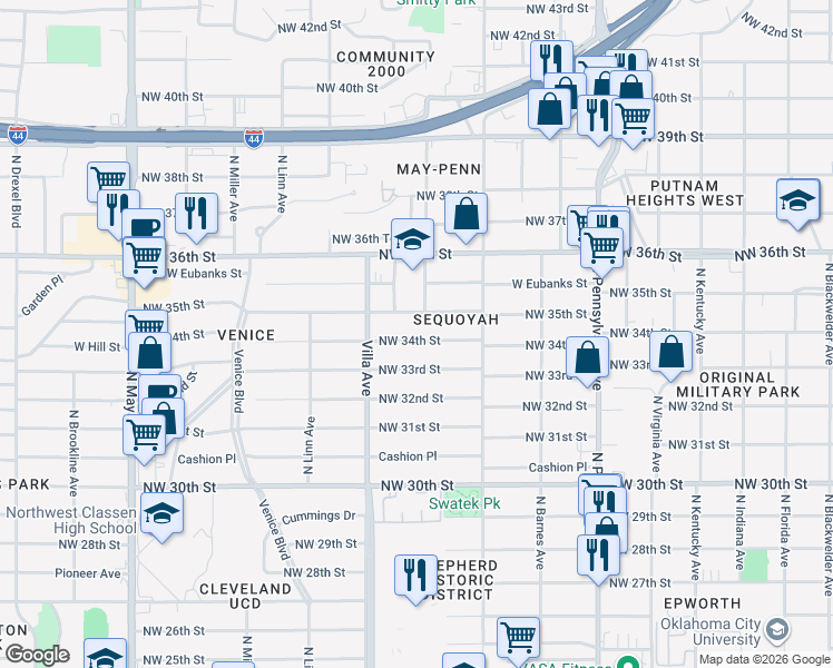 map of restaurants, bars, coffee shops, grocery stores, and more near 2335 Northwest 34th Street in Oklahoma City