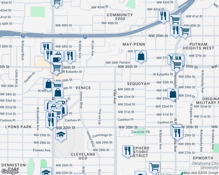 map of restaurants, bars, coffee shops, grocery stores, and more near 2504 Northwest 34th Street in Oklahoma City