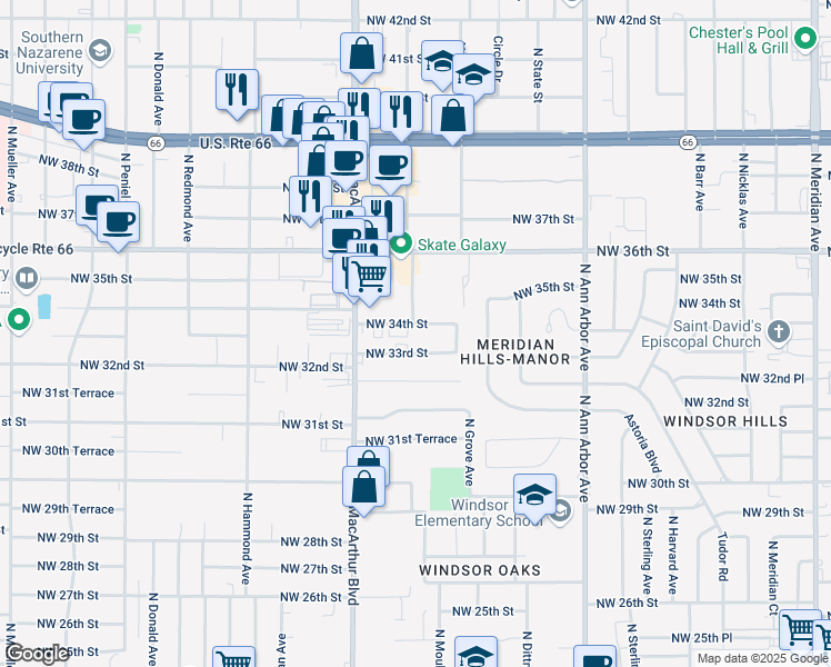map of restaurants, bars, coffee shops, grocery stores, and more near 5800 Northwest 34th Street in Oklahoma City