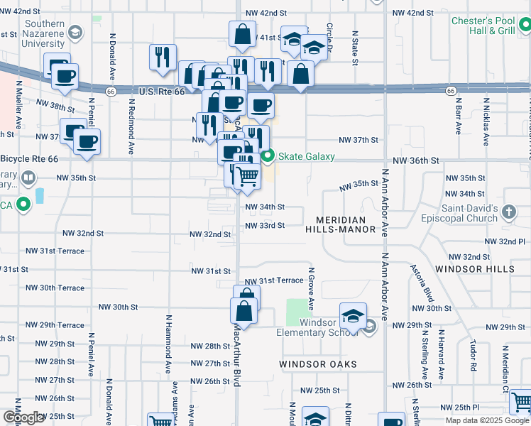 map of restaurants, bars, coffee shops, grocery stores, and more near 5800 Northwest 34th Street in Oklahoma City