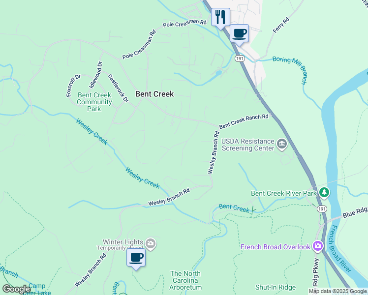 map of restaurants, bars, coffee shops, grocery stores, and more near 99 Forest Edge Drive in Asheville