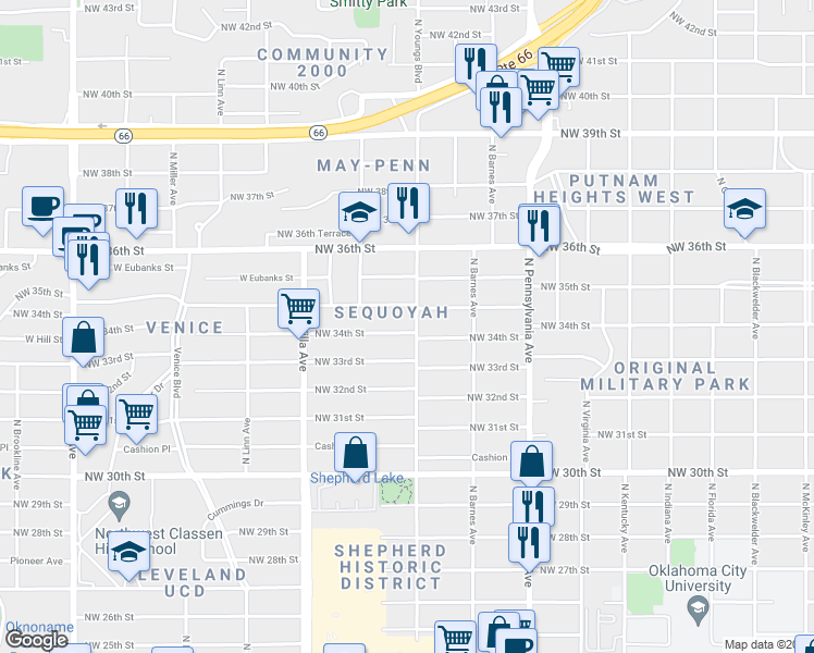 map of restaurants, bars, coffee shops, grocery stores, and more near 2305 Northwest 34th Street in Oklahoma City