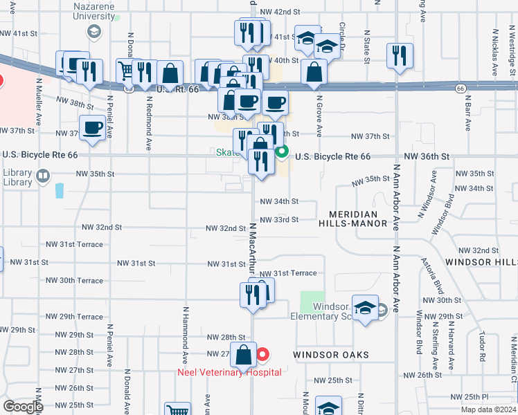 map of restaurants, bars, coffee shops, grocery stores, and more near 3420 North MacArthur Boulevard in Oklahoma City