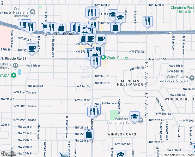map of restaurants, bars, coffee shops, grocery stores, and more near 3420 North Macarthur Boulevard in Oklahoma City