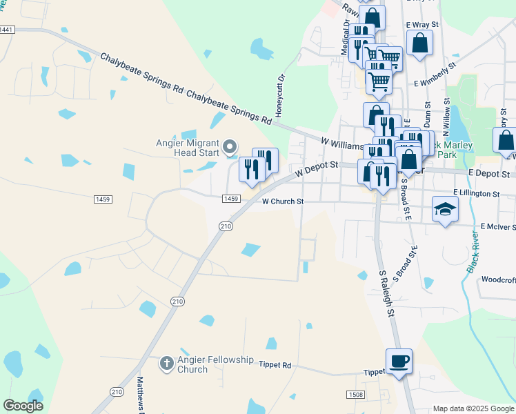 map of restaurants, bars, coffee shops, grocery stores, and more near 509 West Church Street in Angier