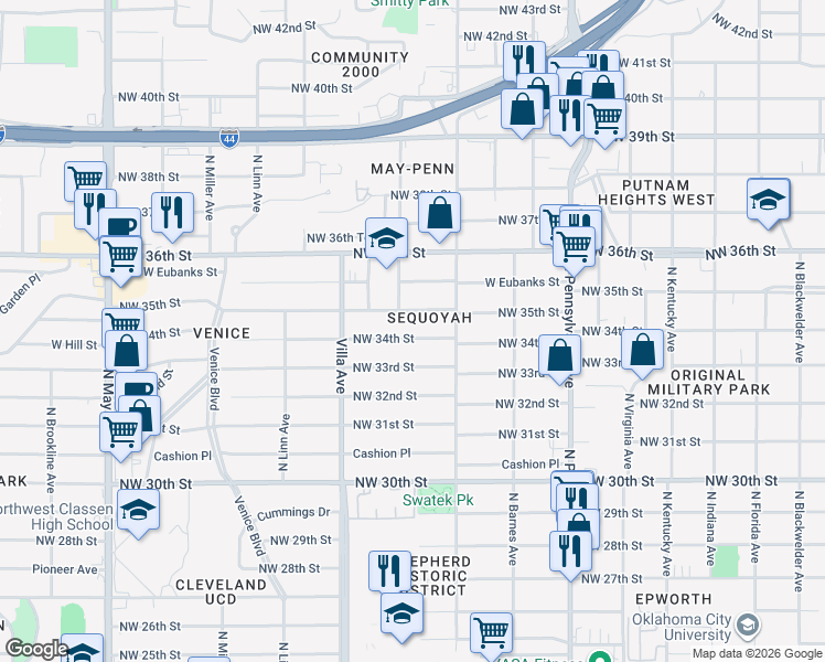map of restaurants, bars, coffee shops, grocery stores, and more near 2335 Northwest 34th Street in Oklahoma City
