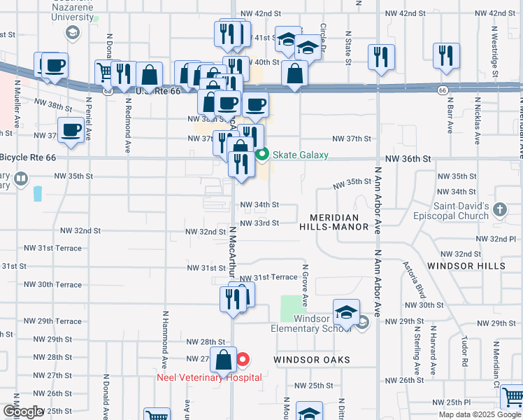 map of restaurants, bars, coffee shops, grocery stores, and more near 5800 Northwest 34th Street in Oklahoma City