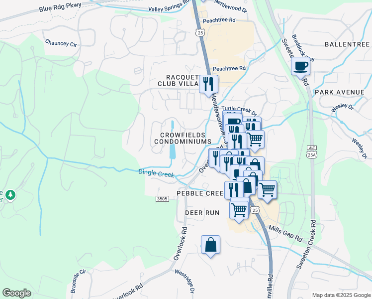 map of restaurants, bars, coffee shops, grocery stores, and more near 1745 Hendersonville Road in Asheville