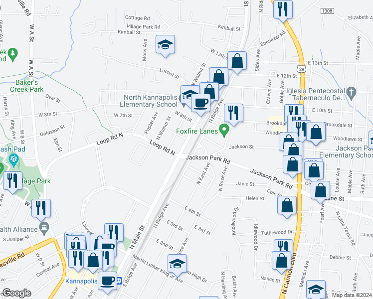 map of restaurants, bars, coffee shops, grocery stores, and more near 606 North Main Street in Kannapolis