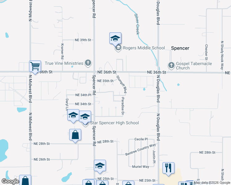 map of restaurants, bars, coffee shops, grocery stores, and more near 3440 Cobblestone Drive in Spencer