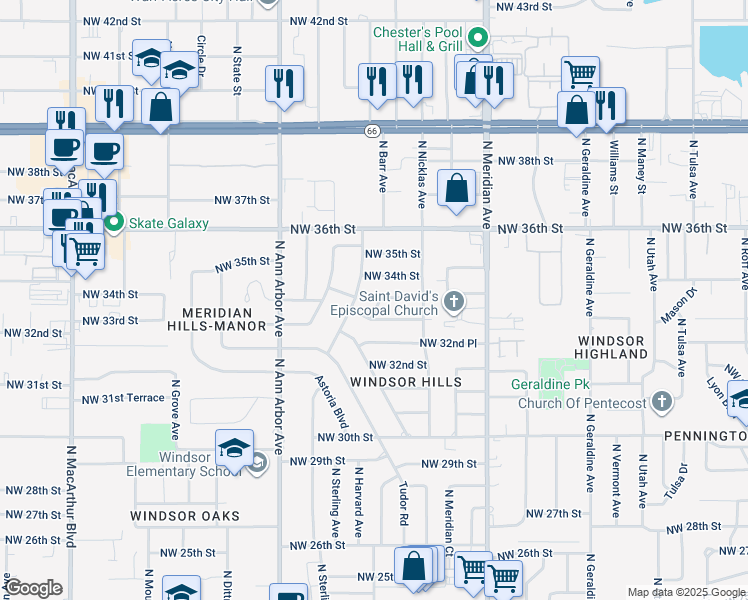 map of restaurants, bars, coffee shops, grocery stores, and more near 4641 Northwest 33rd Terrace in Oklahoma City