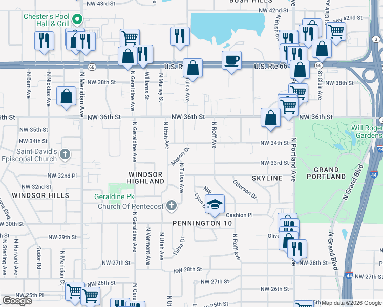 map of restaurants, bars, coffee shops, grocery stores, and more near 4029 Northwest 33rd Street in Oklahoma City