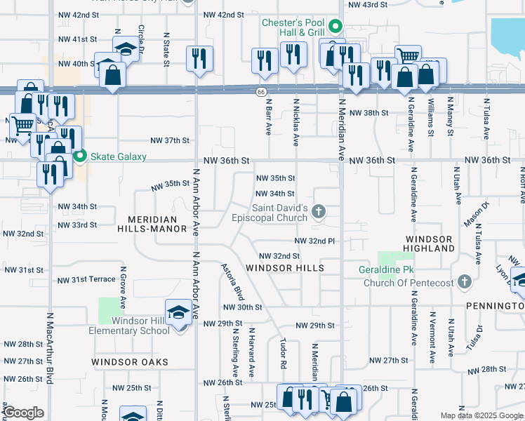 map of restaurants, bars, coffee shops, grocery stores, and more near 4641 Northwest 33rd Terrace in Oklahoma City
