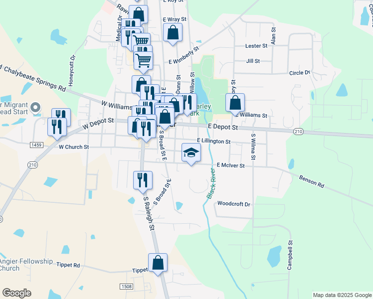 map of restaurants, bars, coffee shops, grocery stores, and more near 115 East Church Street in Angier