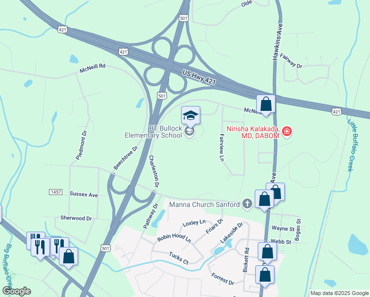 map of restaurants, bars, coffee shops, grocery stores, and more near 1410 McNeill Road in Sanford