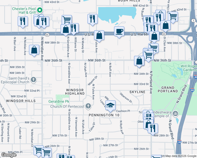 map of restaurants, bars, coffee shops, grocery stores, and more near 4029 Northwest 33rd Street in Oklahoma City