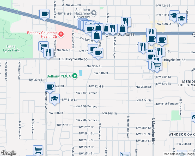 map of restaurants, bars, coffee shops, grocery stores, and more near 3308 North Peniel Avenue in Bethany