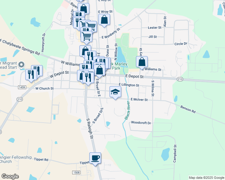 map of restaurants, bars, coffee shops, grocery stores, and more near 115 East Church Street in Angier