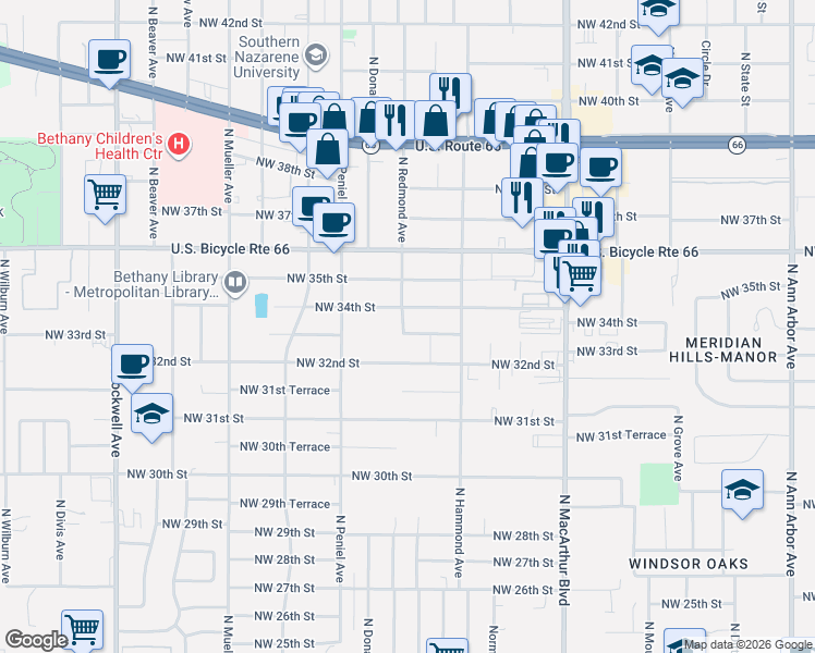 map of restaurants, bars, coffee shops, grocery stores, and more near 6214 Northwest 33rd Street in Bethany