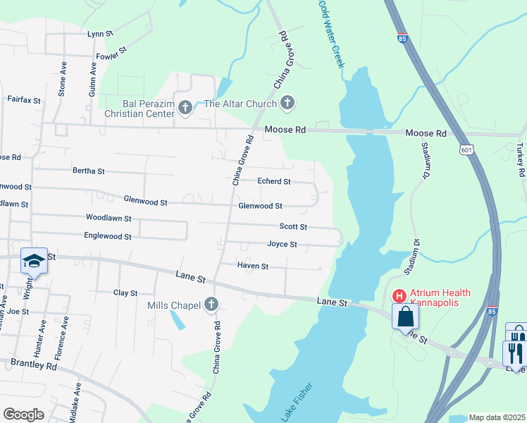 map of restaurants, bars, coffee shops, grocery stores, and more near 2512 Glenwood Street in Kannapolis
