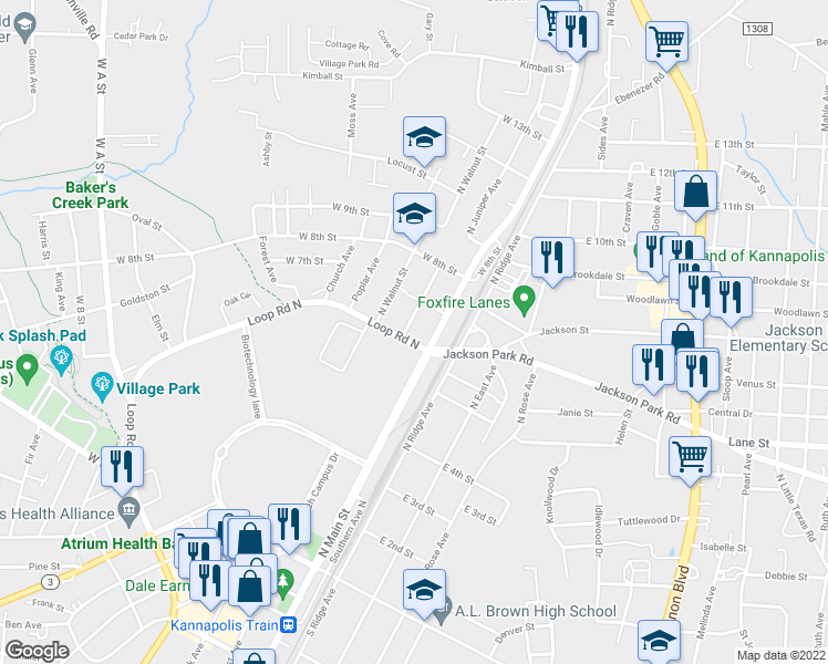 map of restaurants, bars, coffee shops, grocery stores, and more near 602 North Juniper Avenue in Kannapolis