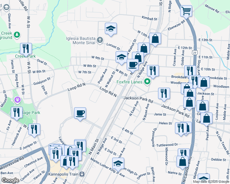 map of restaurants, bars, coffee shops, grocery stores, and more near 602 North Juniper Avenue in Kannapolis