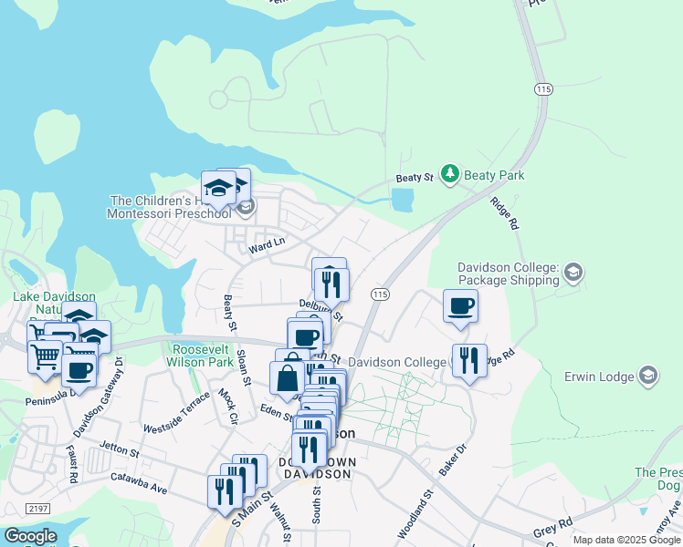 map of restaurants, bars, coffee shops, grocery stores, and more near 526 Watson Street in Davidson