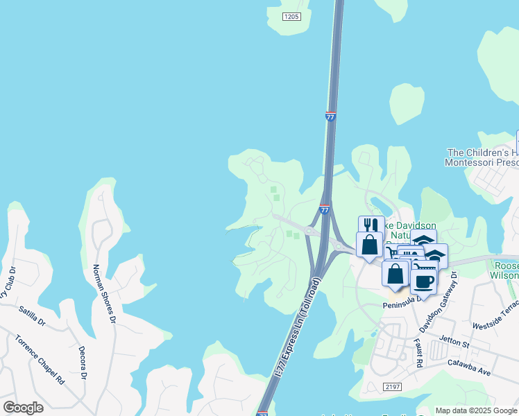 map of restaurants, bars, coffee shops, grocery stores, and more near 610 Portside Drive in Davidson