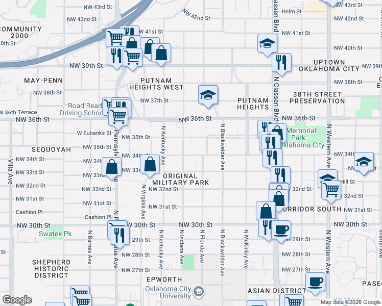 map of restaurants, bars, coffee shops, grocery stores, and more near 1732 Northwest 34th Street in Oklahoma City