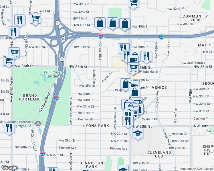 map of restaurants, bars, coffee shops, grocery stores, and more near 3021 West Hill Street in Oklahoma City