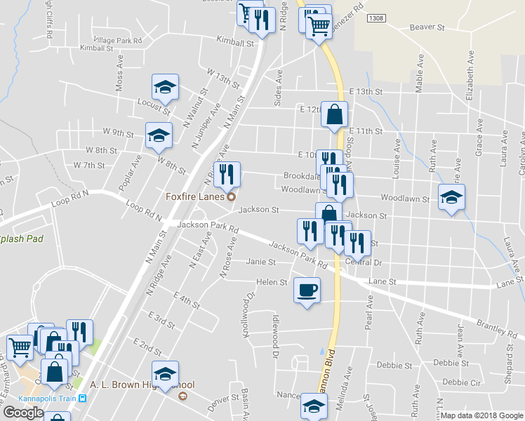 map of restaurants, bars, coffee shops, grocery stores, and more near 500 Jackson Street in Kannapolis