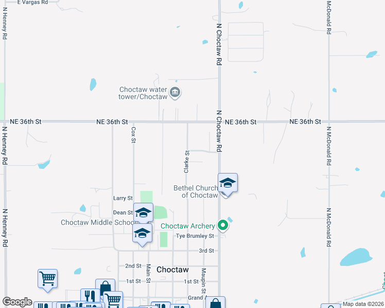 map of restaurants, bars, coffee shops, grocery stores, and more near 14816 12 Oaks Drive in Choctaw