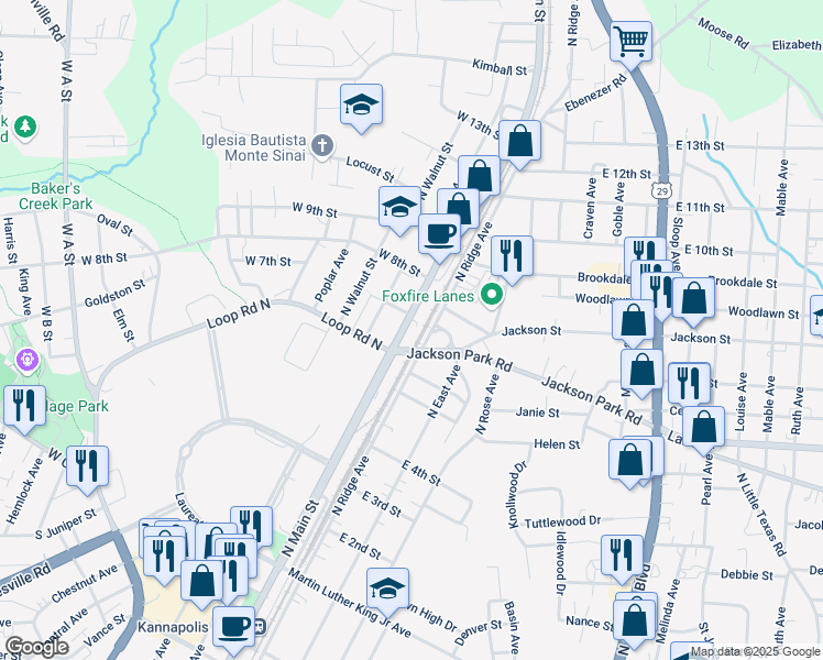 map of restaurants, bars, coffee shops, grocery stores, and more near 608 North Main Street in Kannapolis