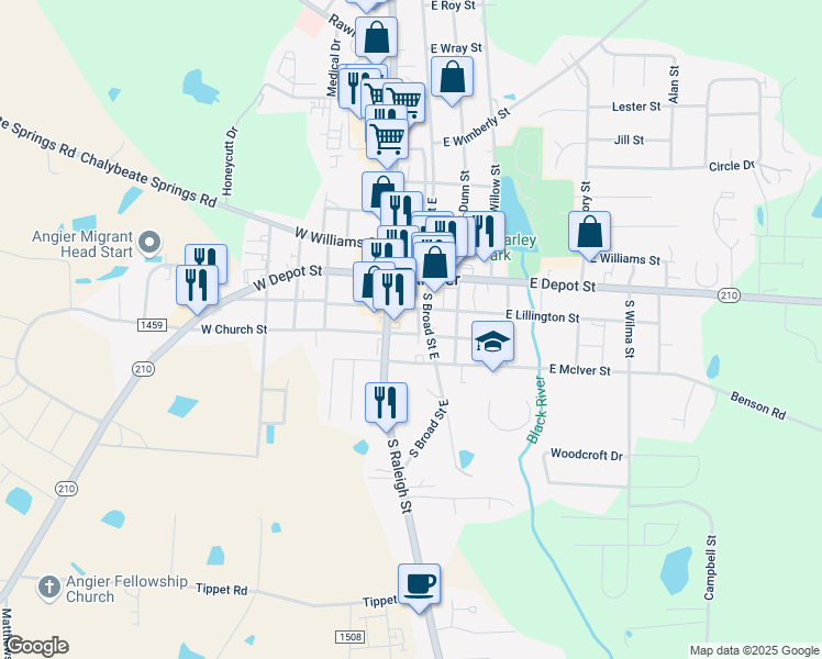 map of restaurants, bars, coffee shops, grocery stores, and more near 154 South Broad Street East in Angier
